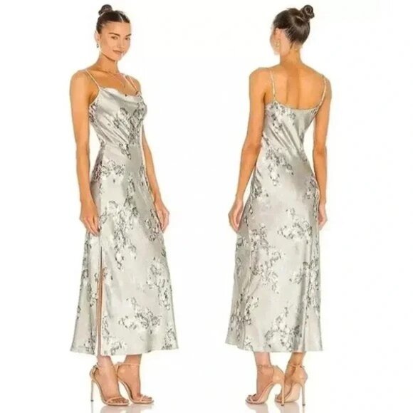 Vince Dresses & Skirts - Vince Satin Hazy Blossom Cowl Neck Long Midi Slip Dress in Celery Floral Size 2